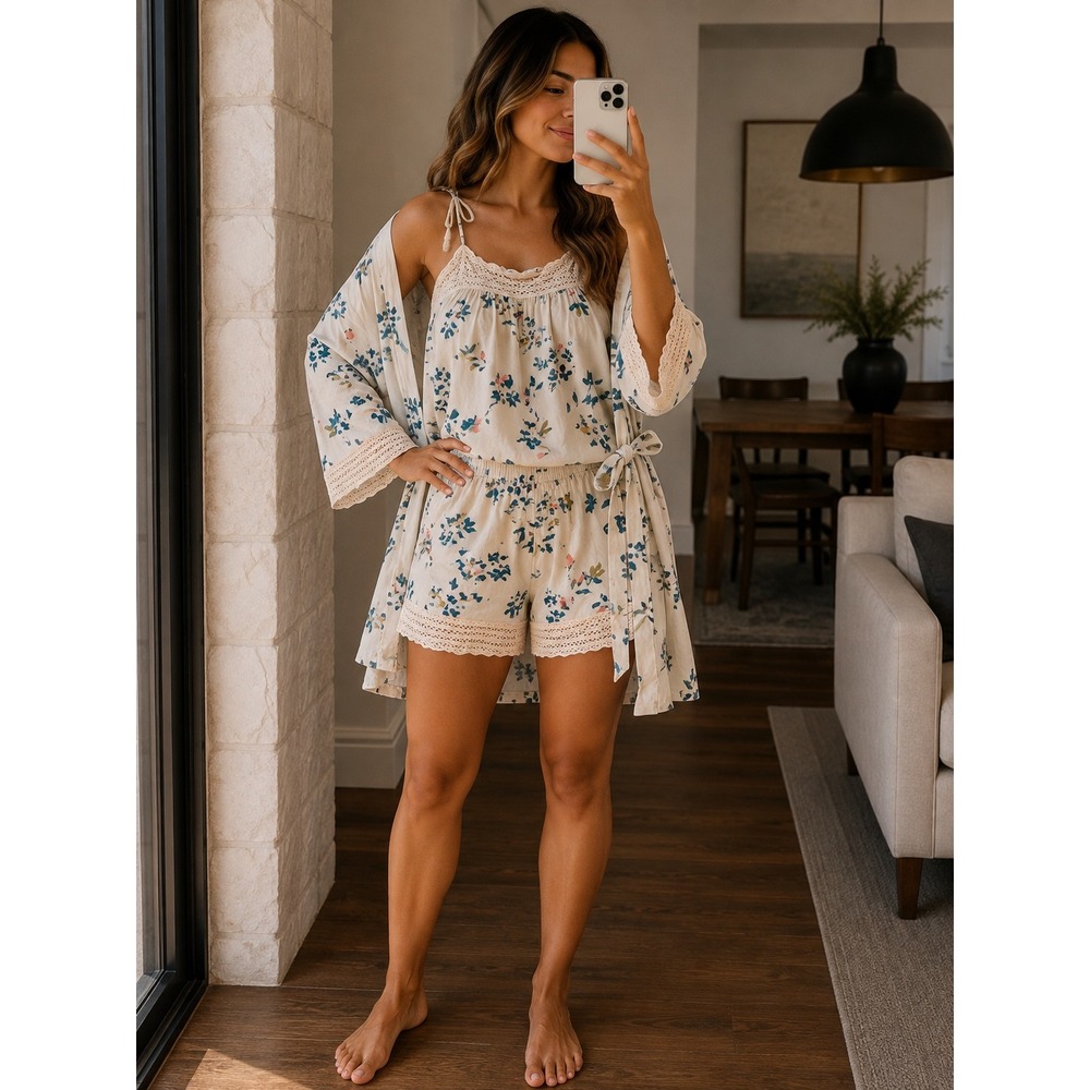 Japna Lounge 3 Piece Floral Pajama Set Robe Cami Shorts Cream Blue Lace Trim M